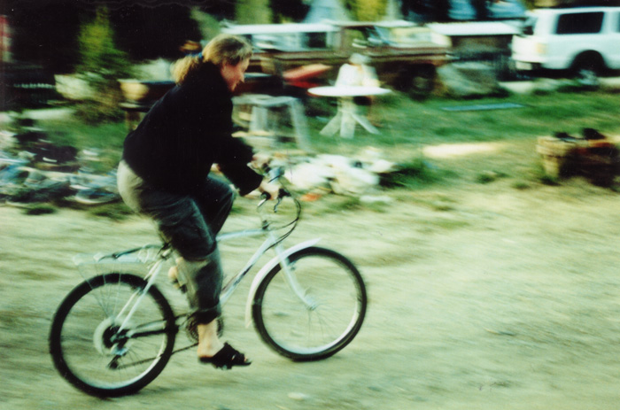 Holmsie on a junkyard bike